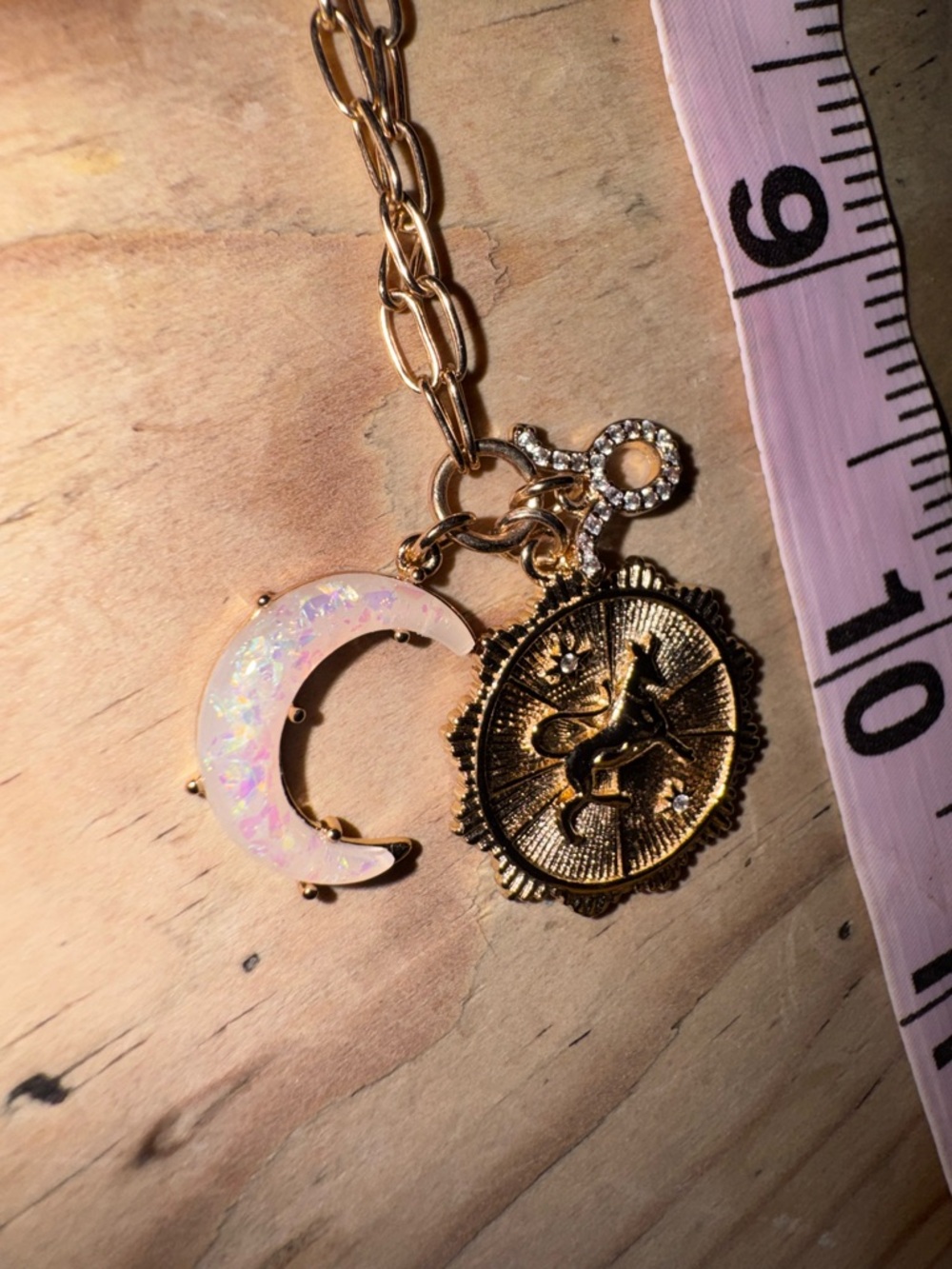 Gold Taurus Medallion Necklace with Opalescent Moon Charm - Picture 3 of 5